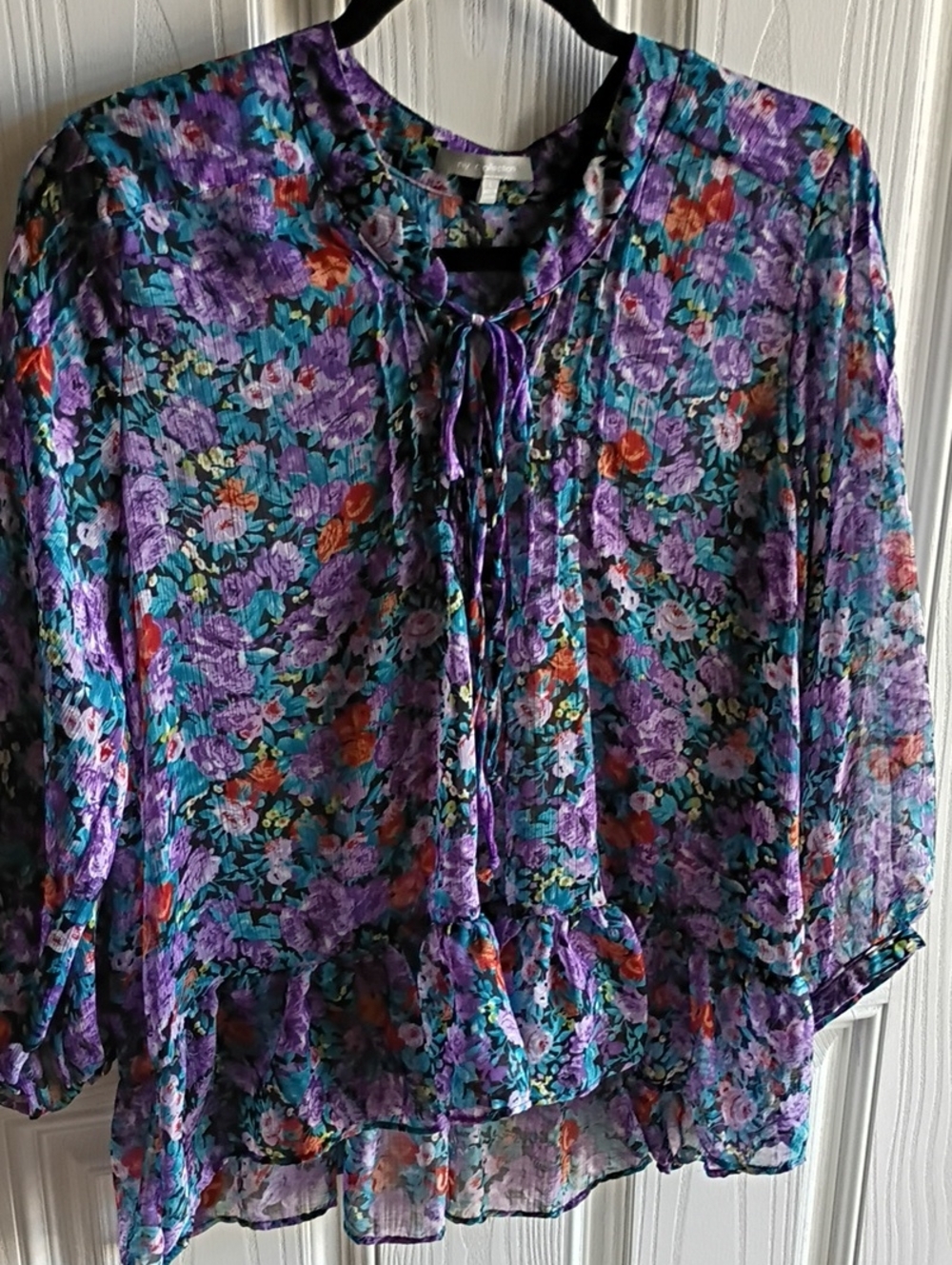 Floral Tie-Neck Women's Blouse - Purple Multicolor - New